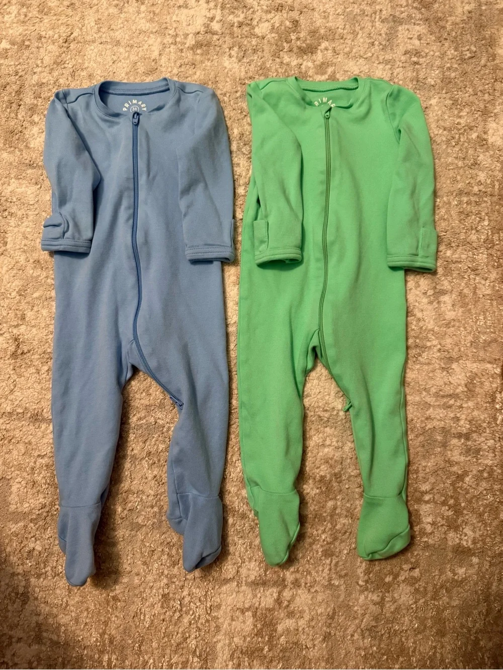 Primary Organic Cotton Footed One-Piece Sleepers in Blue and Green size 3/6M